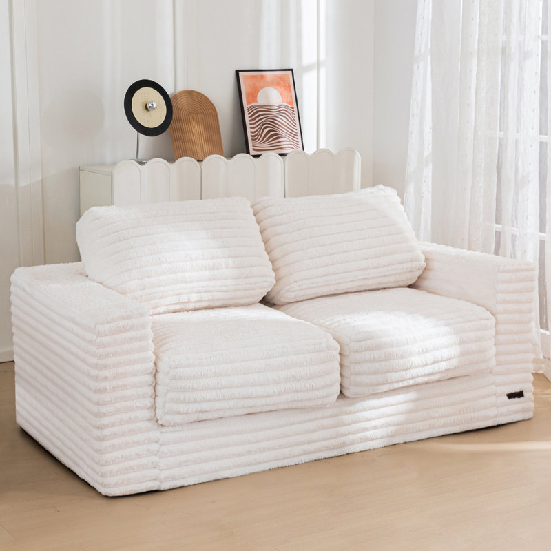 Bean Bag Sofa Upholstered 2-seater Floor Sofa With Pillows, White Faux Leather