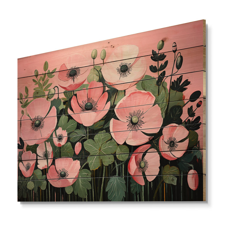 Minimalisme rose et vert coquelicots - coquelicots sur bois, H 30 po x l 40 po x P 0,78 po
