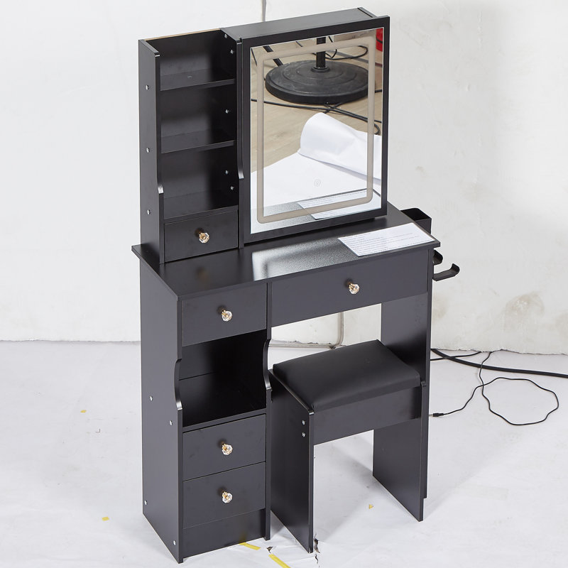 29.2" Small Size Left Drawer Desktop Vanity Table + Cushioned Stool, 2 AC+2 USB Power Station, Hair Dryer Bracket, Extra Large Touch Control Sliding LED Mirror, Tri-Color Switching, Brightness Adjust