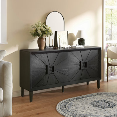 60" Premium Rustic American Farmhouse Credenza In Elegant Black - Symmetrical Sunburst Door Design, Heavy-Duty TV Stand With Adjustable Shelves Wood Storage Cabinet