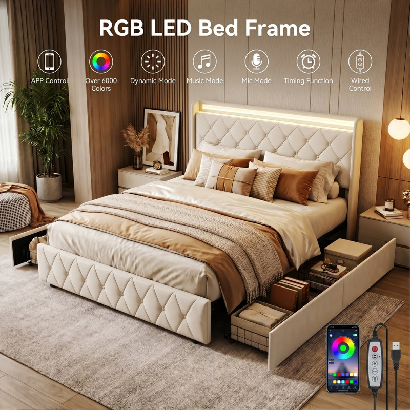 Smart Velvet Bed Frame with LED Charging Headboard, Tufted Upholstered Frame with Storage Drawers, Grey/Beige in Multiple Size (EU Single, Double & King)