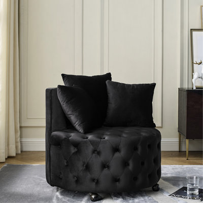 Fauteuil pivotant en velours rembourré pour le salon, avec capitonnage à boutons et roues mobiles, comprenant 3 coussins