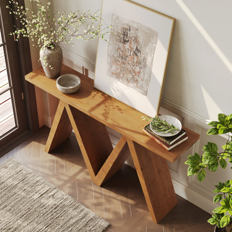 Console en bois massif de 63 po avec base en forme de M pour le vestibule, le couloir, le salon ou derrière le canapé