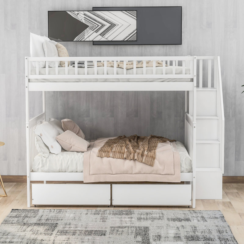 Bunk Bed with Two Drawers and Storage,White,Full over Full,65.60"H*57.50"W*93.50"L, White