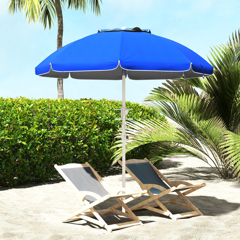 40+ parasol de plage protégé avec inclinaison et hauteur réglable, 2 porte-gobelets et crochets, auvent ventilé bleu pour la fonction de hauteur extérieure, protection, fentes ventilées