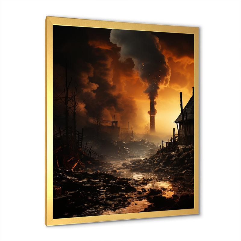 Paysage industriel monochrome au coucher du soleil sur toile, Cadre doré simple, H 32 po x l 16 po x P 1 po