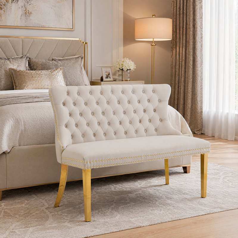 Banc de causeuse Elegant - revêtement en velours doux, dossier à oreilles capitonné, Beige, Doré