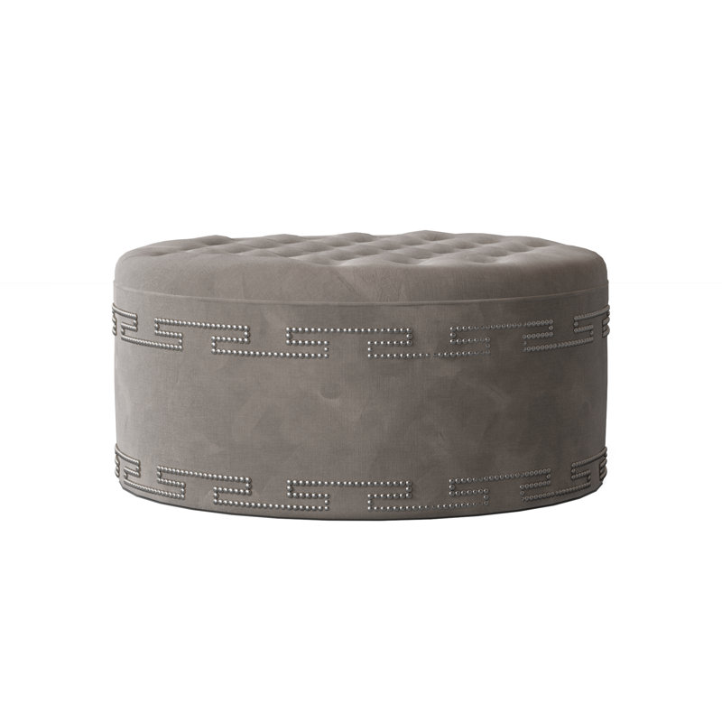 Elle Round Ottoman, Bella Granite, Shiny Nickel