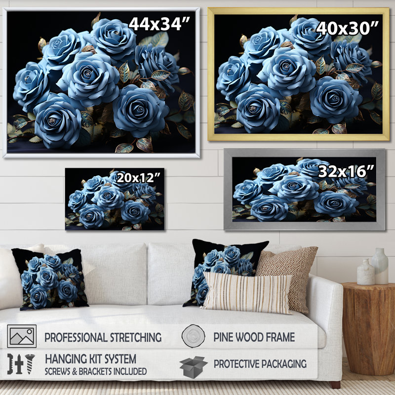 Arrangement de roses bleu azur élégance, Cadre flottant blanc, H 24 po x l 32 po