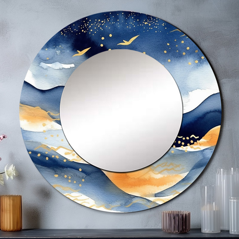 Dark Blue and Gold Abstract IX - Fractals Unique Mirror, Modern Large Round Wall Mirror, Printed Metal Art, 36" x 36"