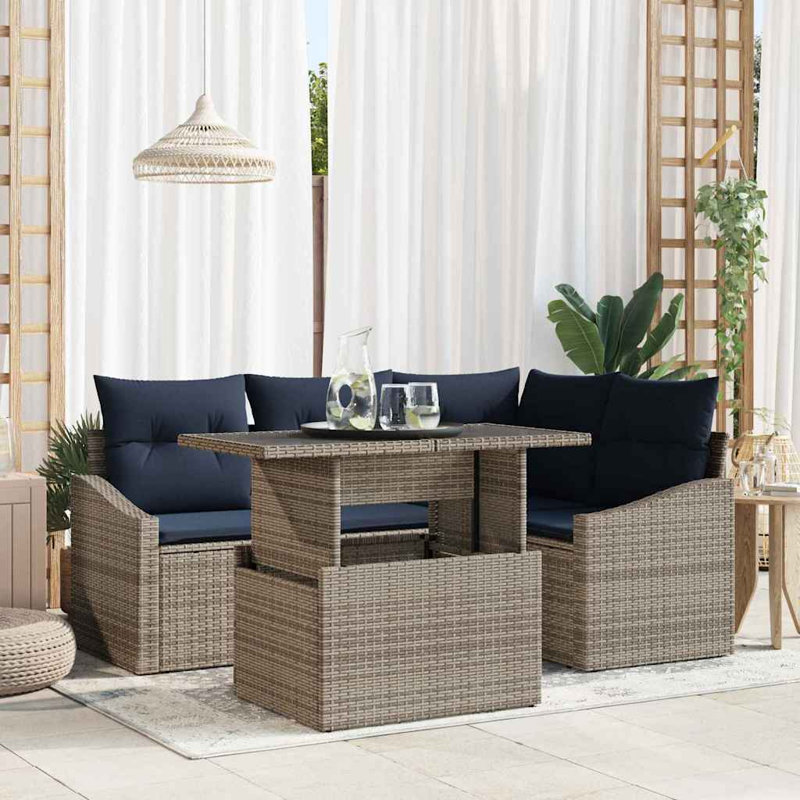 Ensemble de canapé de jardin avec coussin manuel 5 pièces, Coussin bleu marine / structure grise