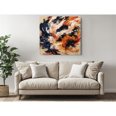 Art mural abstrait bleu marine et orange, reproduction de peinture expressive moderne, impression sur toile tendue avec châssis pour le décor du bureau