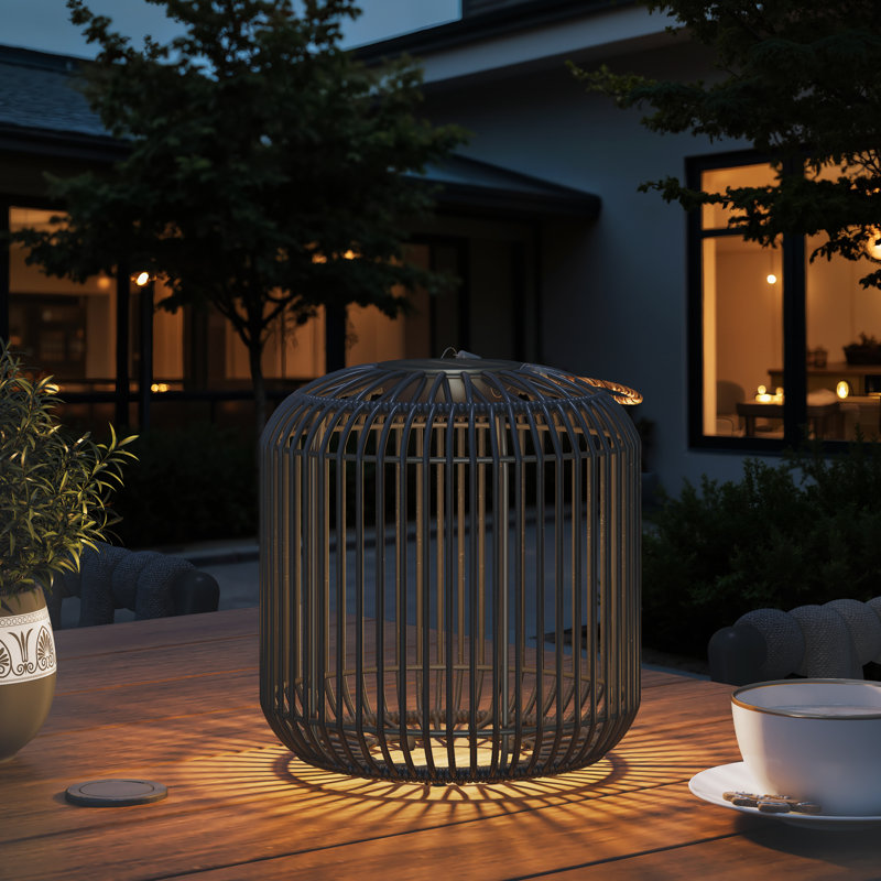 9.45" H All Iron Frame Rattan Lantern With Hemp Rope Handle,  Matte Black