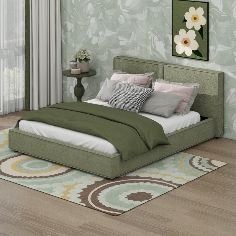 Contemporary Fabric Upholstered Bed Frame with Double Panel Headboard, Robust Slat System, Green