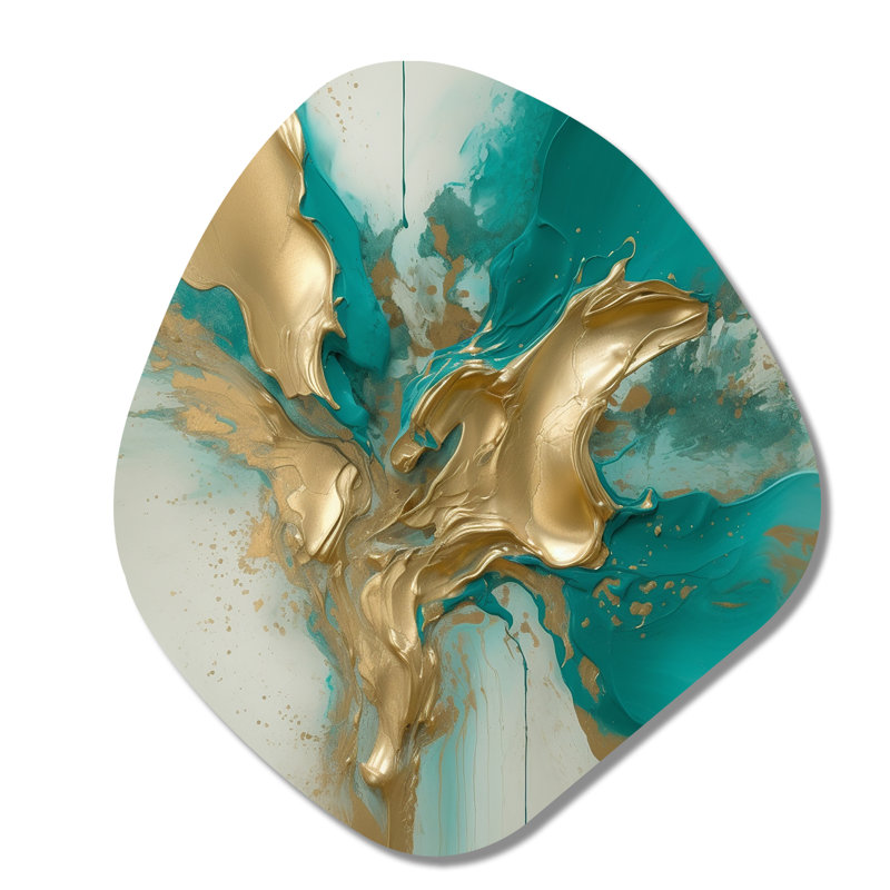 Encre fluide or et turquoise II - impression d'art asymétrique en métal, H 35 po x l 31 po x P 1 po