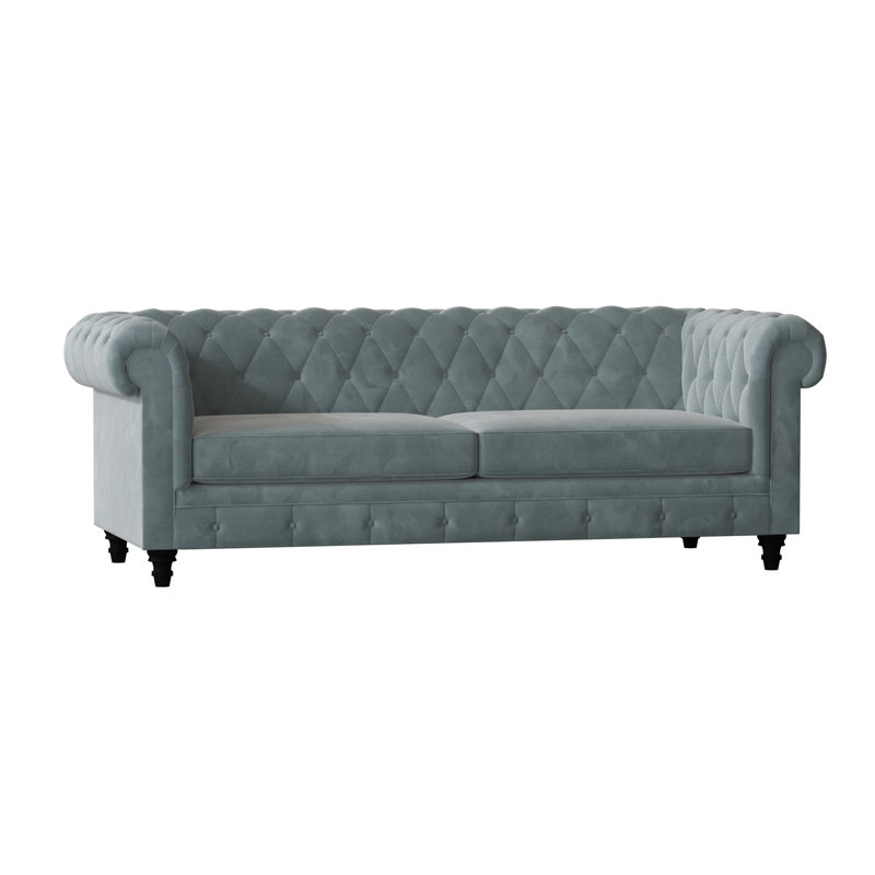 Canapé Chesterfield à accoudoirs roulés, 95 pouces, Merle bleu Marlow, Noyer