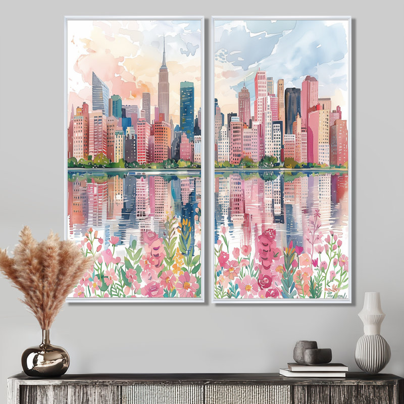 Édifices muraux roses et bleus de New York - Art mural rose 2 pièces, H 40 po x l 40 po, Impression encadrée flottante, Blanc