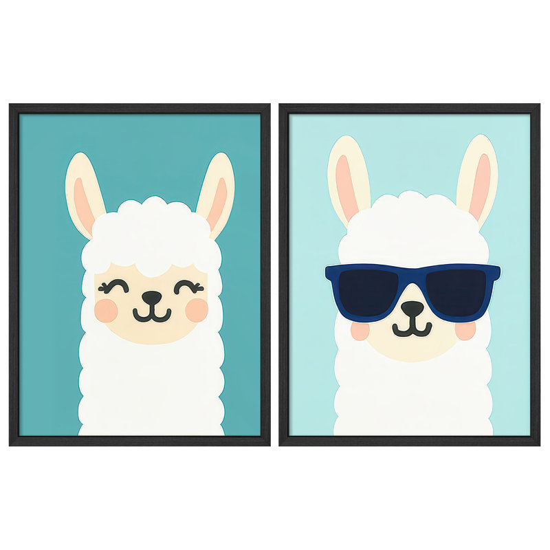 Lama ludique encadré, ensemble de 2 reproductions en alpaga mignon avec lunettes de soleil pour décor de chambre d'enfant ou de salle de jeux