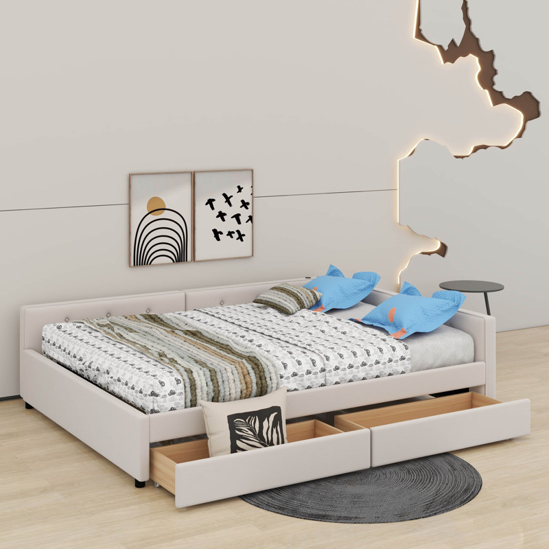 Upholstered Platform Bed With USB And Drawers, Queen