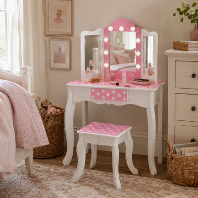 Teamson Kids Vanity Set, LED Mirror & Stool, Engineered Wood, White/Pink, Gisele