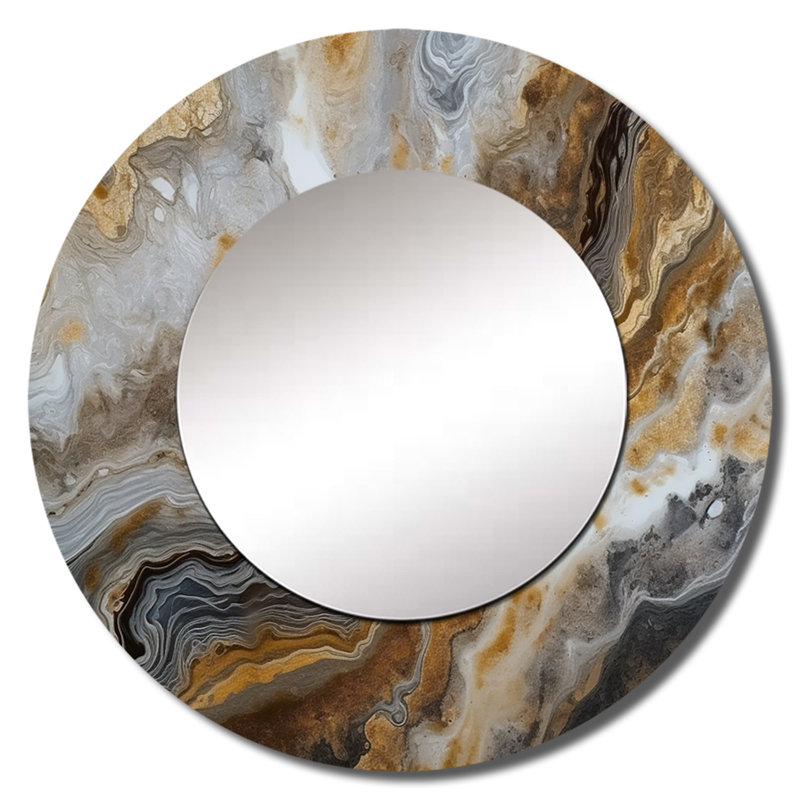 Olha or et gris A Marble Effect I - miroir mural unique en marbre, miroir rond doré, impression d'art en métal, 23 po x 23 po