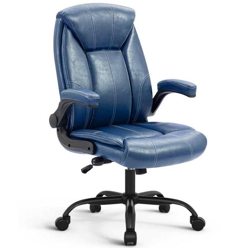 YAMASORO Executive Office Chair,Big and Tall Ergonomic Desk Chair with Adjustable Lumbar Support,Breathable PU Leather Computer Chair wih Flip-up Arms and Wheels,Navy Blue