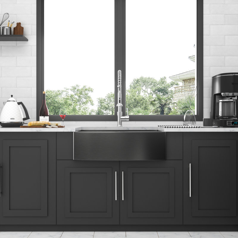 Évier de cuisine de ferme 30 po noir, acier inoxydable de calibre 16, simple cuve, façade tablier | Idée de cadeau