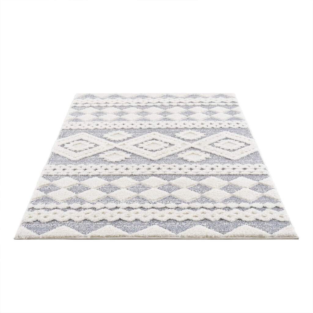 Teppich Focus 3005 Hochflor Boho Wohnzimmer Creme, Graublau Hochtief-Muster/ 3D-Effekt Rautenmuster Stevens