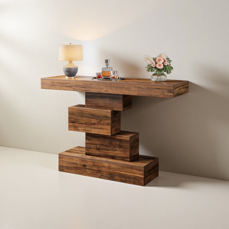 Console, canapé d'appoint en bois avec base géométrique, Brown