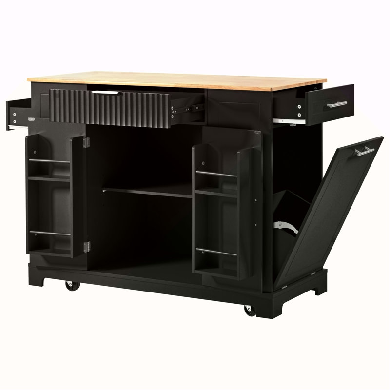 Fluted Kitchen Island With Trash Can Storage Cabinet, Power Outlet, Internal Storage Rack, Rolling Kitchen Islands On 5 Wheels With 3 Drawer, 3 Open Side Racks For 10 Gallon Garbage Bin, Black