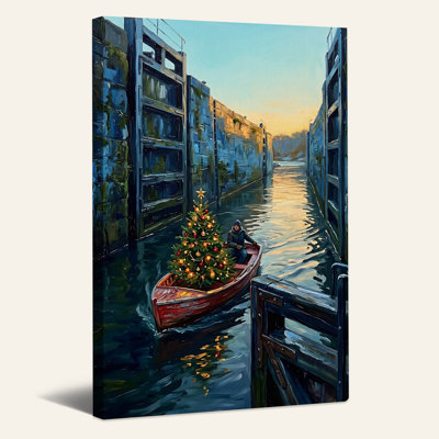 Toile en bois en bois avec arbre en écluse de canal au coucher de soleil, art mural
