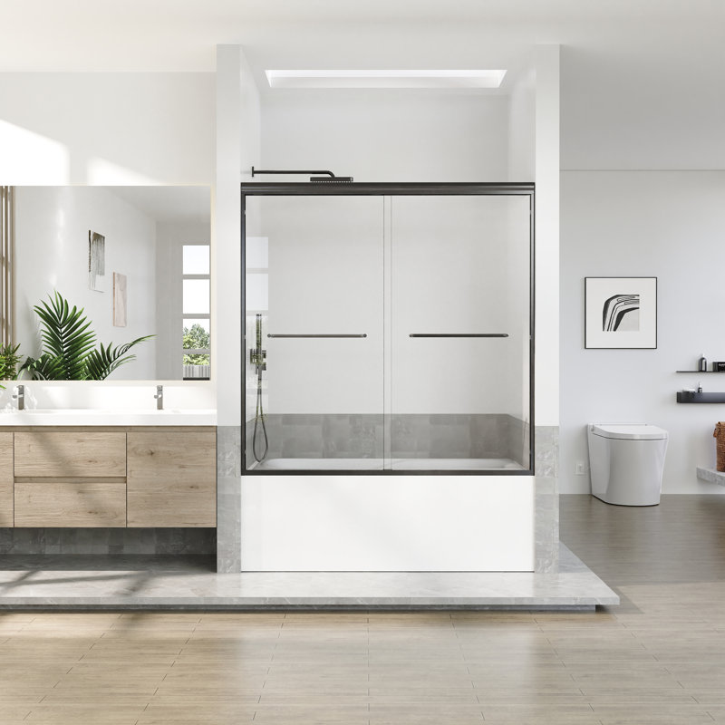 56 To 60 In. W X 60 In. H Semi Frameless Double Sliding Tub Door With 1/4 In. Tempered Clear Glass, Matte Black