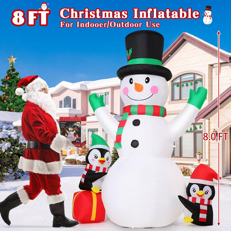 Bonhomme de neige gonflable de Noël 8 pi et deux pingouins avec musique et DEL rotatives GOOSH