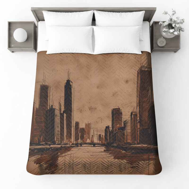 Urban Cityscape Sketch Quilted Bedspread All Sizes, Queen