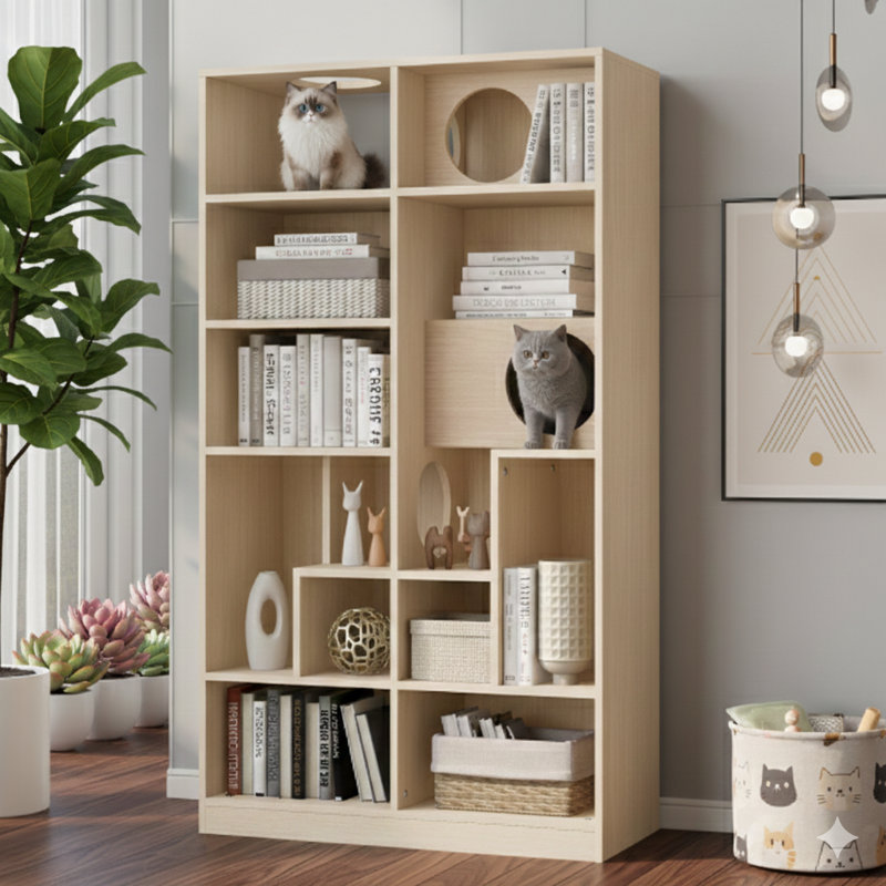 Bibliothèque et arbre à chat 2 en 1 modernes en bois, avec cache-lit, espace de rangement, tablettes de présentation et zones d'escalade pour chats