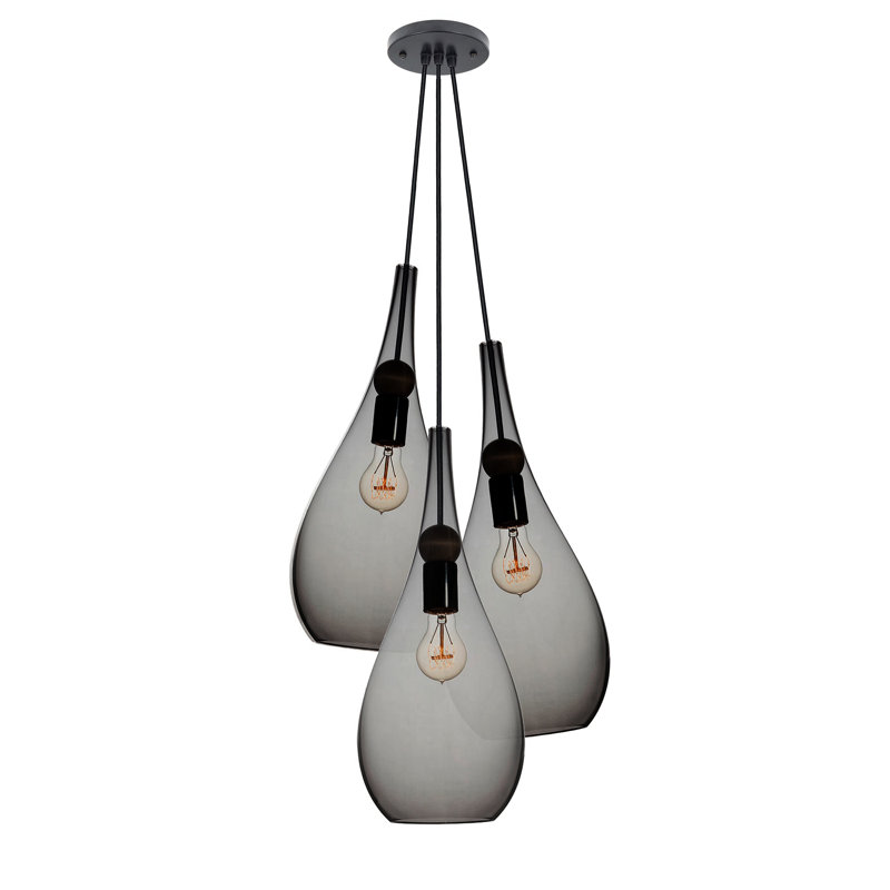 Lustre globe en forme de goutte de lumière avec détails en verre soufflé à la main, Noir mat, H 108 po x l 18 po x P 5 po