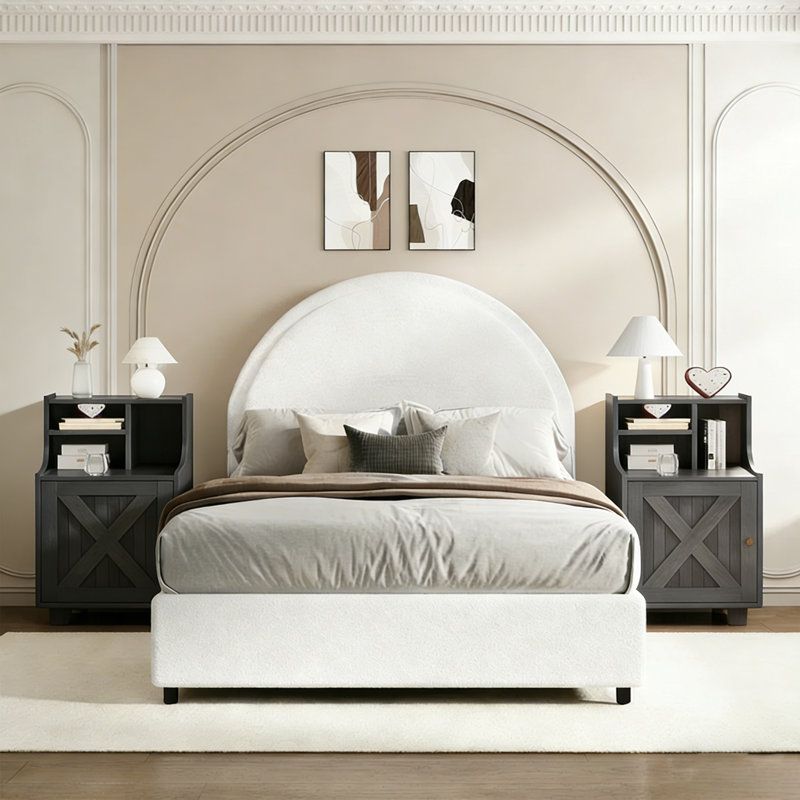Ensemble de lit plateforme tapissier avec 2 tables de chevet fermières Boucle - Ensemble de chambre à coucher 3 pièces