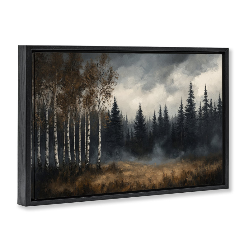 Misty Forest in Autumn Floating Frame, design par Petal Prints Design, Cadre flottant noir de jais, H 17 po x l 25 po