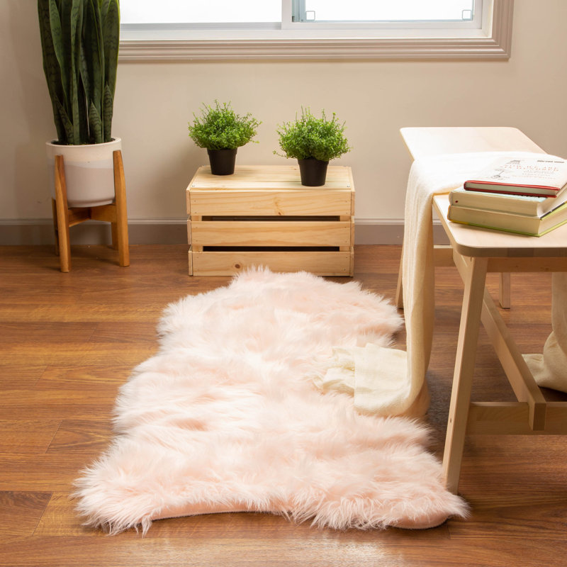 Diller Soft Pink Faux Sheepskin Fur Machine Washable Shag Fluffy Area Rug, Novelty 2' x 4'