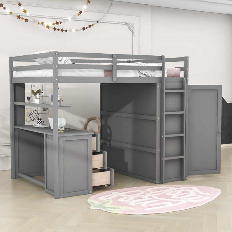Keisler Full Size Wood Loft Bed with 3 Drawers, Desk and Wardrobe, Gray