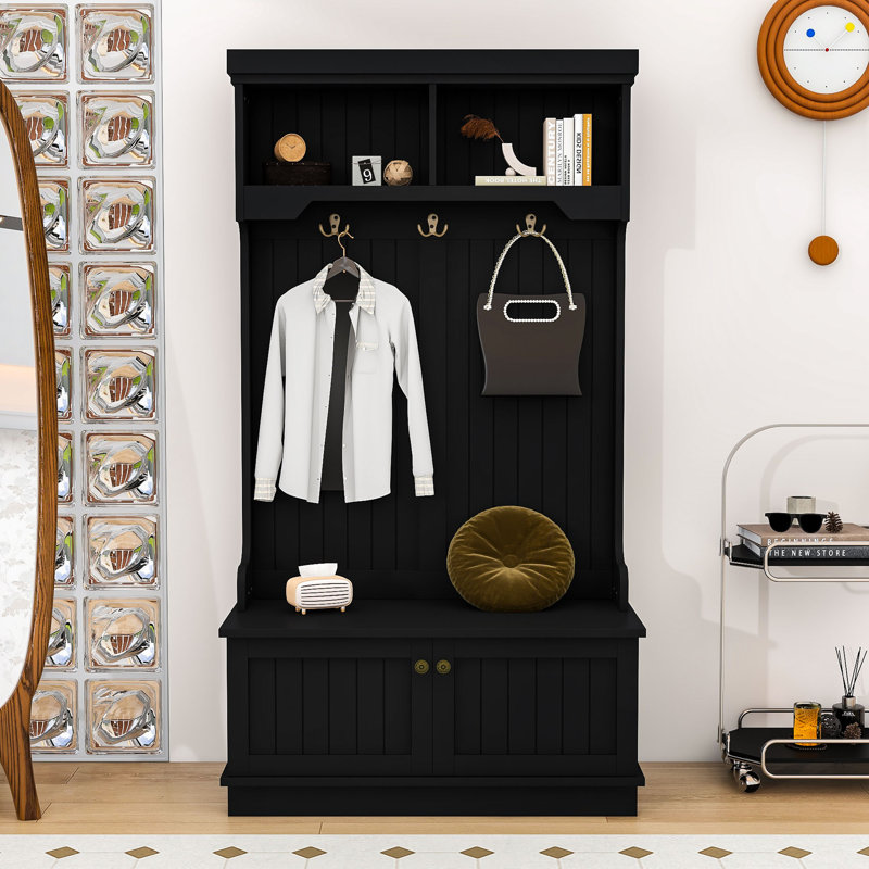 Wooden Hall Tree with Shoe Bench, Cabinet, Hooks and Top Shelves, White