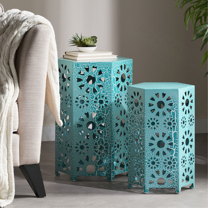 Table d'appoint d'extérieur Eliana, 2 pièces, Bleu sarcelle