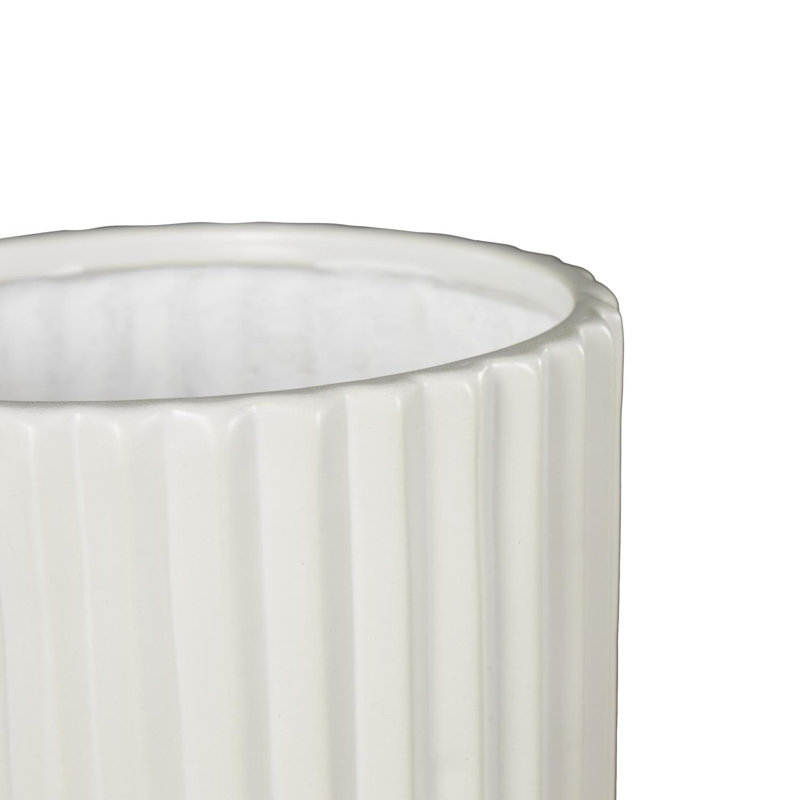 3 Piece Ceramic Ribbed Planter With Attached Saucer Set, White