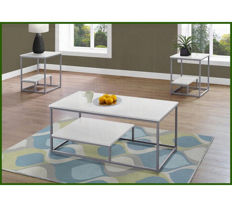 Ensemble de 3 tables basses contemporaines pour salon - stratifié blanc Métal gris avec tablettes de rangement surélevées