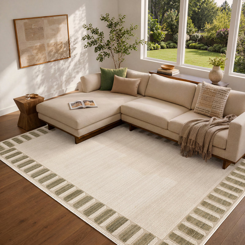 Fifth Avenue Deco Border Rug, Off-White,Beige,Olive,Mustard,Medium Gray, Rectangle 200 x 275 cm