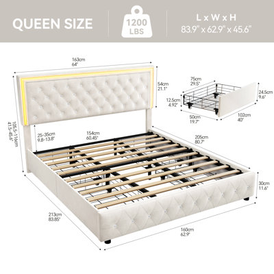 LED Bed Frame with 4 Storage Drawers, Adjustable Height Upholstered Headboard Beds