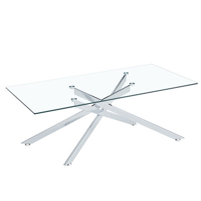 47.2" Rectangular Clear Tempered Glass Coffee Table, Stylish Design Center Table with Metal Legs, Modern Coffee Table for Living Room