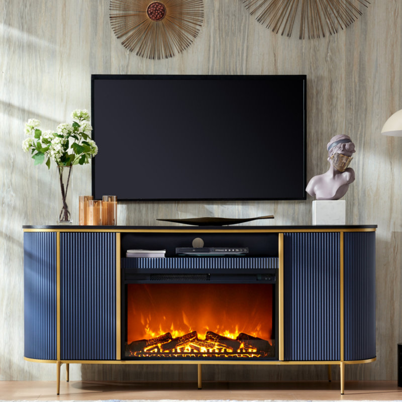 Iyes 70" W Engineered Wood TV Stand with Electric Fireplace , Dark Blue