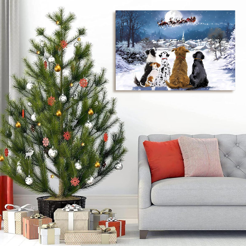 Toile encadrée, décoration de Noël, peinture de chiens mignons regardant le Père Noël, peinture pour cadeau de Noël, bureau, salle à manger, salon, salle de bain, chambre à coucher