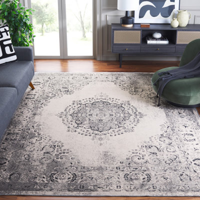Tapis gris / ivoire en polyester tissé à la machine Haval